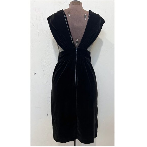 Vintage 1940s Black Velvet Pinafore Dress with Fur Trimmed Pockets Size S/M - Picture 3 of 10